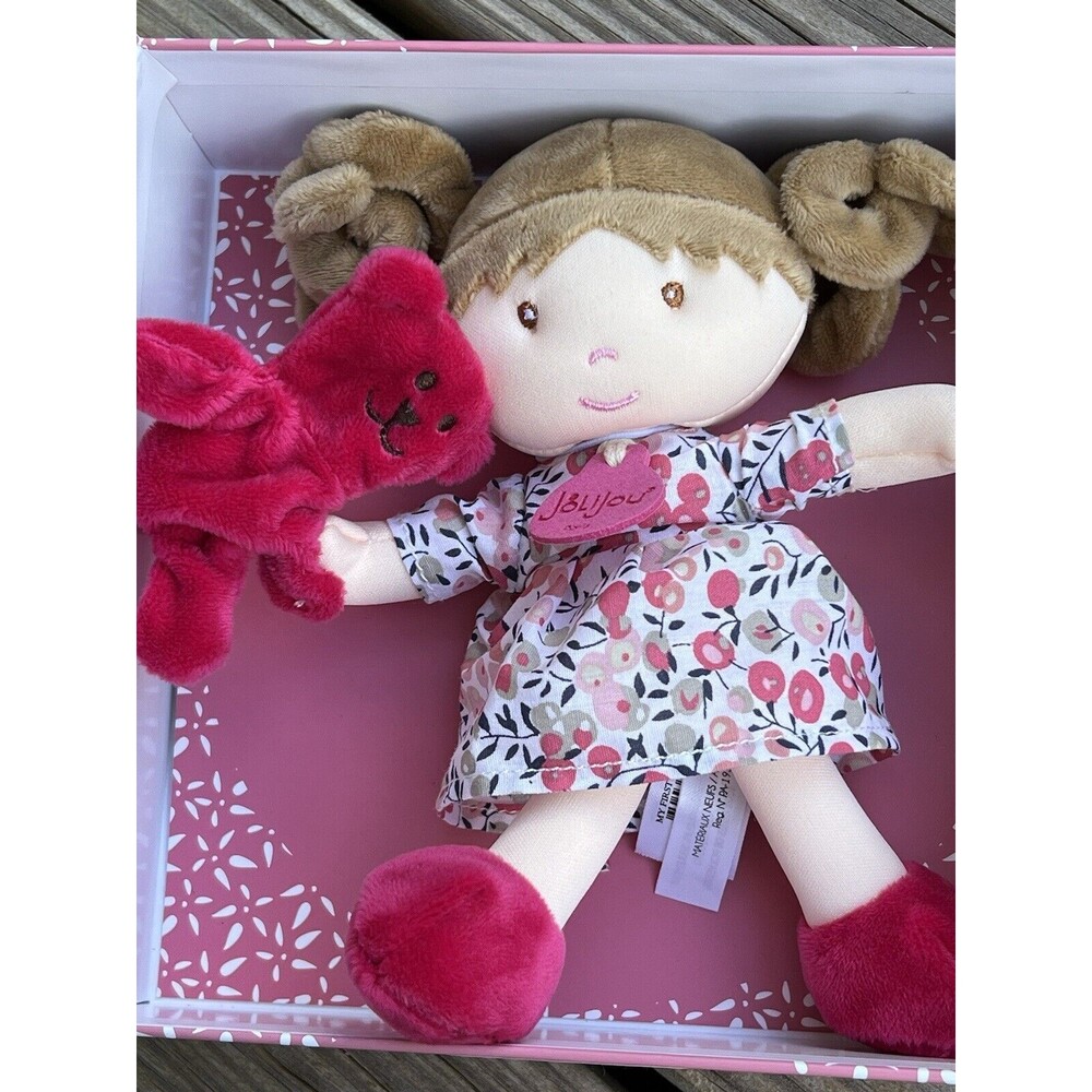 Jolijou Demoiselle My First Doll With Bear Pink Dress Brown Hair Baby Toy New